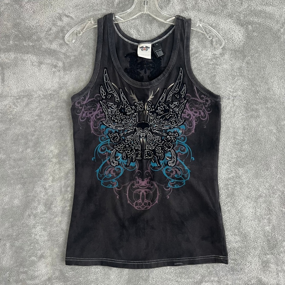 Harley Davidson Tank Top Womens M Black Rhinestone Graphic Grunge Tattoo